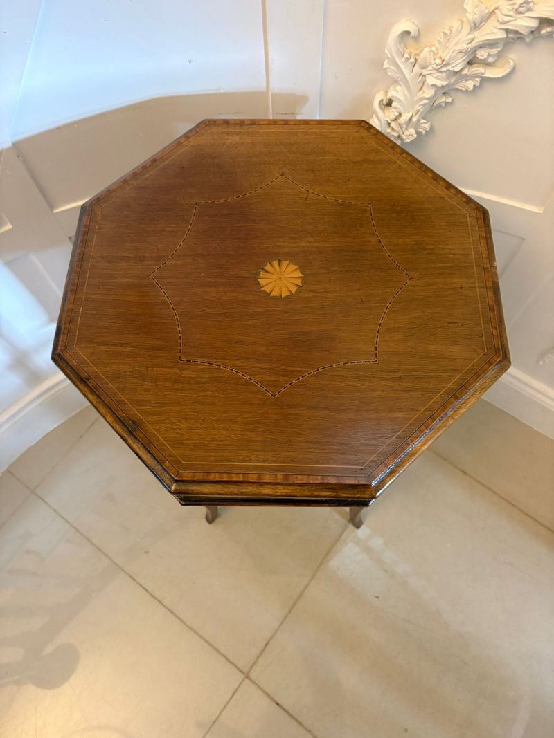 Antique Edwardian Inlaid Mahogany Octagonal Work / Lamp Table Sewing Table With Silk Basket - Image 6